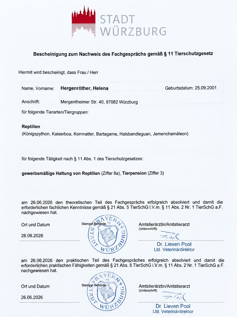 Bescheinigung zum Nachweis des Fachgesprächs gemäß § 11 Tierschutzgesetz – Stadt Würzburg, Helena Hergenröther